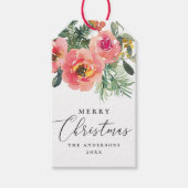 エレガントな水彩ピンクの花の楽しいクリスマス ギフトタグ (正面)
