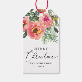 エレガントな水彩ピンクの花の楽しいクリスマス ギフトタグ