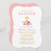 エレガントな水彩ピンクの花の洗礼ゴールド 招待状 (正面/裏面)