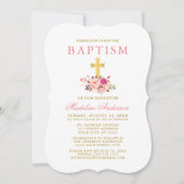 エレガントな水彩ピンクの花の洗礼ゴールド 招待状 (正面)