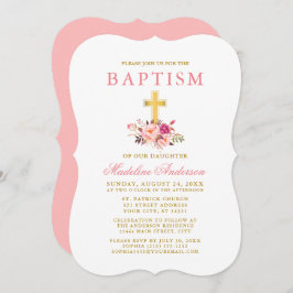 エレガントな水彩ピンクの花の洗礼ゴールド 招待状