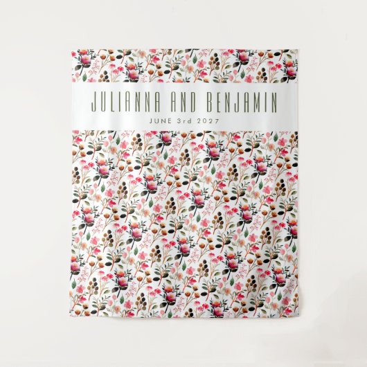 エレガントな水彩ピンクグリーンカスタムウェディング タペストリー (正面)