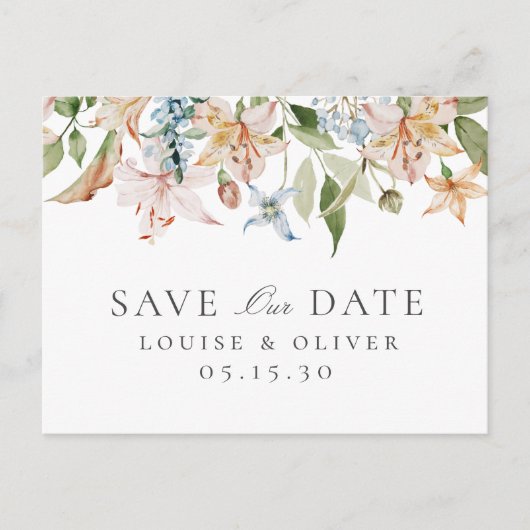 エレガントな水彩フラワーの結婚式Save The Date 案内ポストカード (正面)