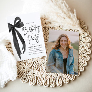 エレガントな水彩ブラックリボンのお誕生日パーティー 招待状