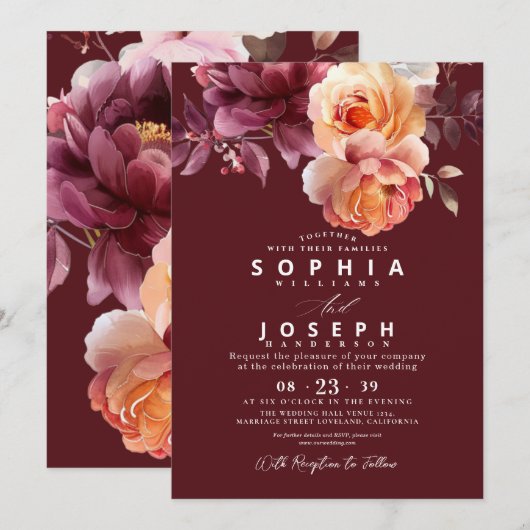 エレガントな水彩ブルゴーニュブーケフラワーズ ウェディング 招待状 (正面/裏面)