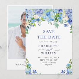 エレガントな水彩ブルーのアジサイの写真 ウェディング セーブザデート