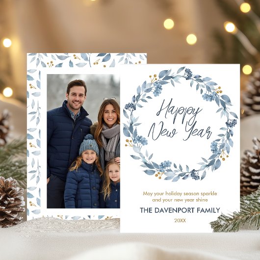 エレガントな水彩ブルーのグリーンリースの写真 シーズンカード