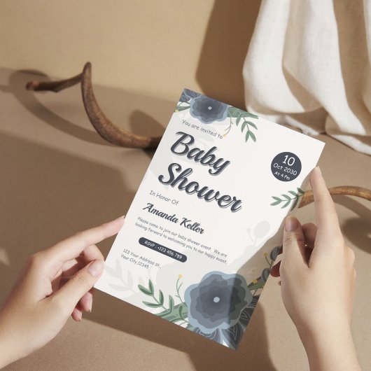 エレガントな水彩ブルーの花のベビーシャワー 招待状