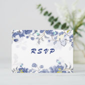 エレガントな水彩ブルーの花柄ボタニカルウェディング 出欠カード (スタンド正面)