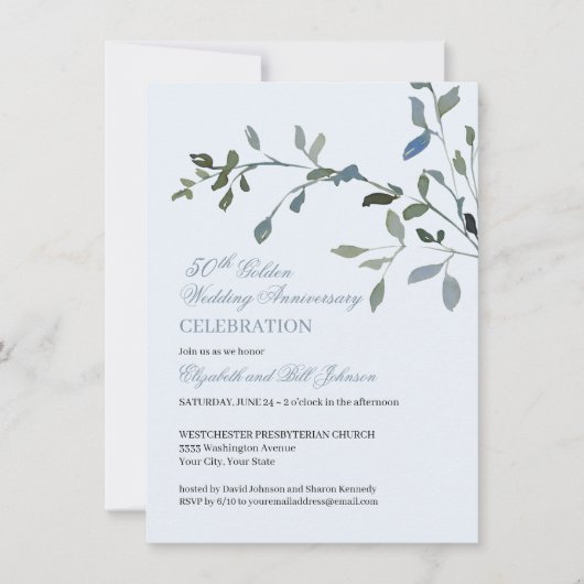 エレガントな水彩ブルー 50周年結婚記念日 招待状 (正面)
