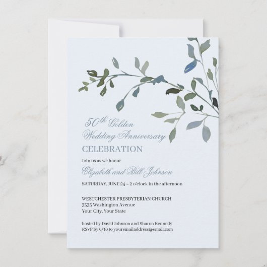 エレガントな水彩ブルー 50周年 結婚記念日 招待状 (正面)