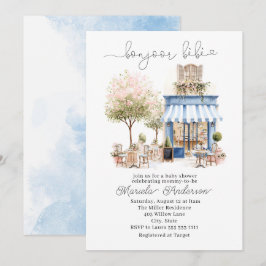 エレガントな水彩ボンジュールベベベビーシャワー 招待状