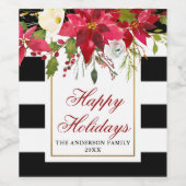 エレガントな水彩ポインセチア ホリデー ストライプ ワインラベル (シングルラベル)