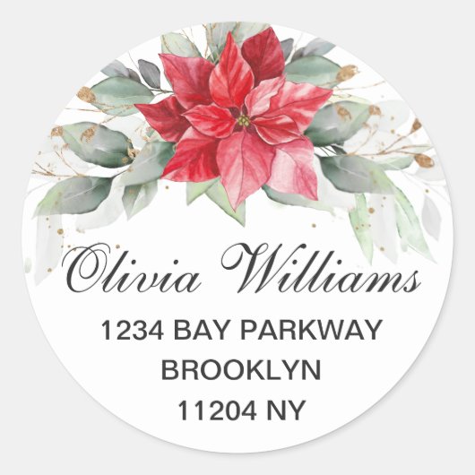 エレガントな水彩ポインセチア 返送先ラベル ラウンドシール (正面)