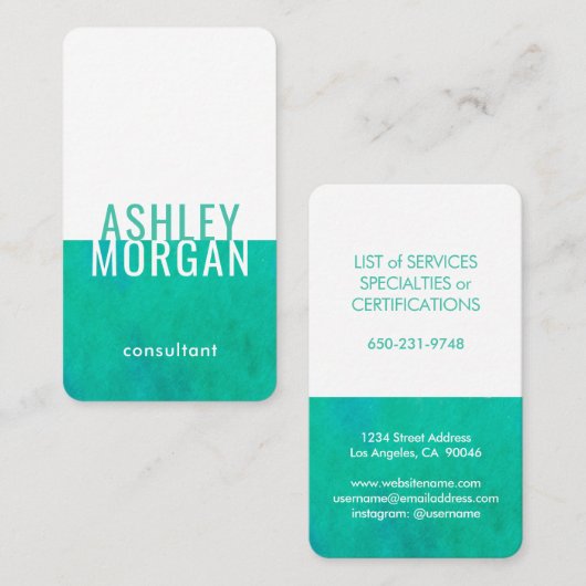 エレガントな水彩モダンミニマリストターコイズブルー縦型 名刺 (正面/裏面)
