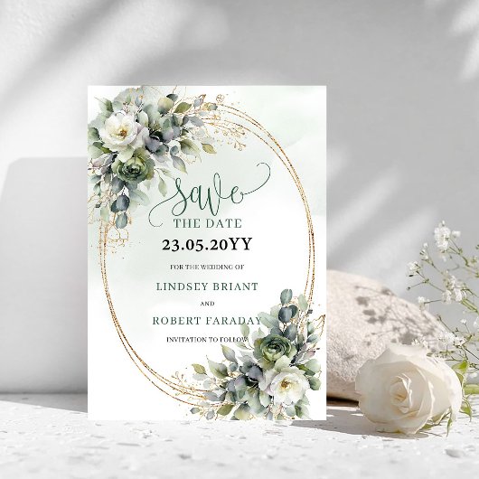 エレガントな水彩ユーカリの結婚予定日カード セーブザデート