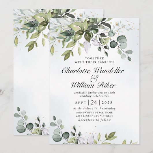エレガントな水彩ユーカリグリーンウェディング 招待状 (正面/裏面)