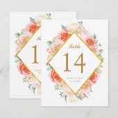 エレガントな水彩ローズテーブルナンバーカード 招待状 (正面/裏面)