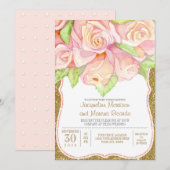 エレガントな水彩ローズ フローラル ブーケ ピンク ゴールド 招待状 (正面/裏面)
