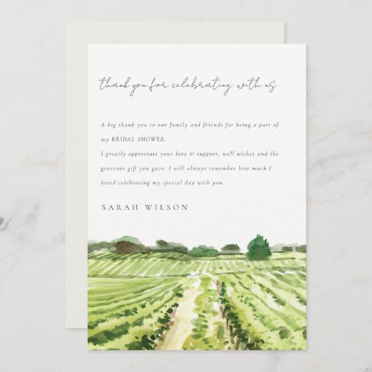 エレガントな水彩ワイナリー ヴィンテージ ブライダルシャワー サンキューカード (正面/裏面)