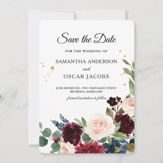 エレガントな水彩ワインレッドの花 セーブザデート (正面)