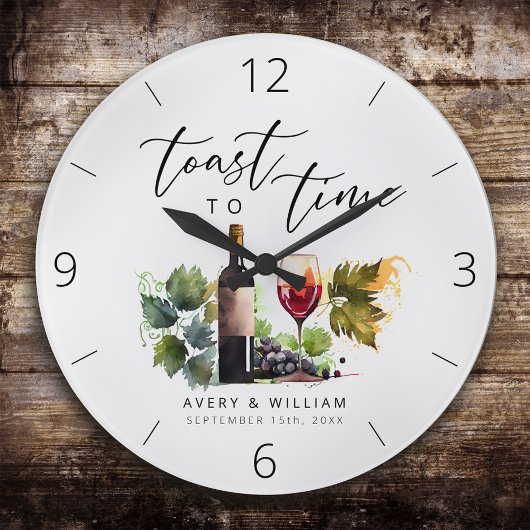 エレガントな水彩ワイン テーマ カップル ネーム ラージ壁時計