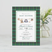 エレガントな水彩ヴィンテージのチェック柄テディベアの赤ちゃん 招待状 (スタンド正面)
