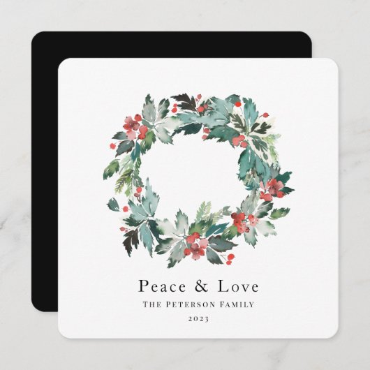 エレガントな水彩冬の実と緑のリース シーズンカード (正面/裏面)