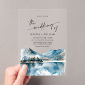 エレガントな水彩山々と森のウェディングフォト アクリル招待状 (インサイチュ (ポータブル))