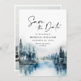 エレガントな水彩山々と森のウェディングフォト セーブザデート