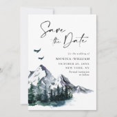 エレガントな水彩山々と森のウェディングフォト セーブザデート (正面)