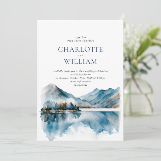 エレガントな水彩山々と森のウェディング出欠確認 招待状 (スタンド正面)