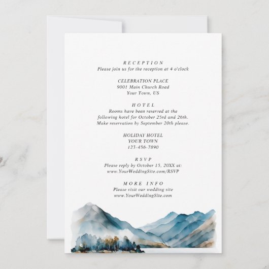 エレガントな水彩山々と森のウェディング出欠確認 招待状 (裏面)