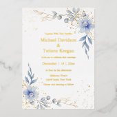 エレガントな水彩淡い青の植物学的なウェディング 箔招待状 (正面)