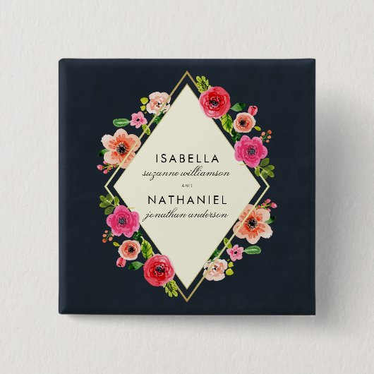 エレガントな水彩画によっては|の金ゴールドフレームの結婚式が開花します 缶バッジ (正面)