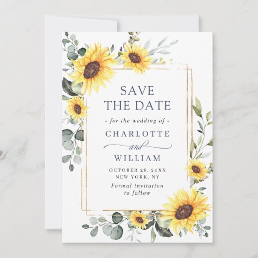 エレガントな水彩画のひまわりとユーカリの結婚式 セーブザデート (正面)