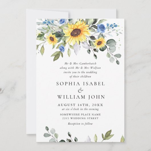エレガントな水彩画のひまわりとユーカリの結婚式 招待状 (正面)