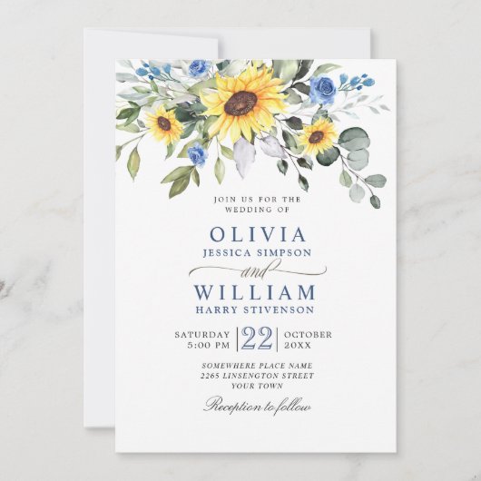エレガントな水彩画のひまわりとユーカリの結婚式 招待状 (正面)