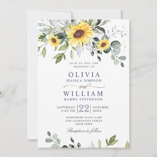 エレガントな水彩画のひまわりとユーカリの結婚式 招待状 (正面)