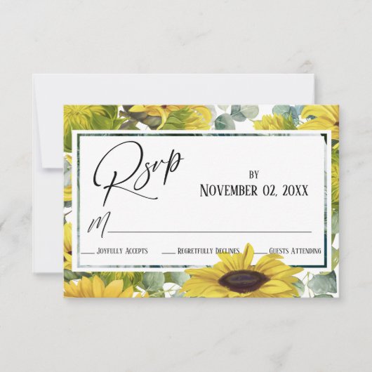 エレガントな水彩画のひまわり & ユーカリ 出欠カード (正面)