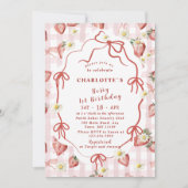 エレガントな水彩画のイチゴの女の子 1歳の誕生日 招待状 (正面)