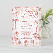 エレガントな水彩画のイチゴの女の子 1歳の誕生日 招待状 (スタンド正面)