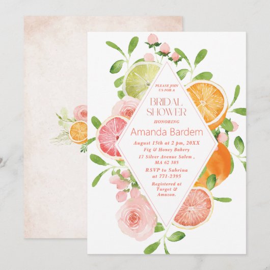 エレガントな水彩画のオレンジ ピンクの花  ブライダルショー 招待状 (正面/裏面)