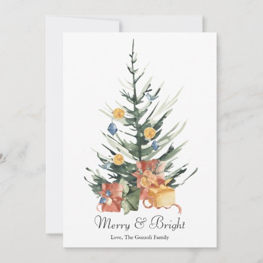 エレガントな水彩画のカラフルなクリスマスツリー フラット シーズンカード (正面)