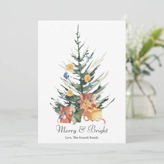エレガントな水彩画のカラフルなクリスマスツリー フラット シーズンカード (スタンド正面)