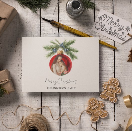 エレガントな水彩画のクリスマスオーナメント ファミリーフォト シーズンカード