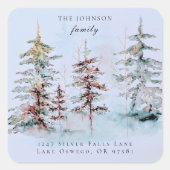 エレガントな水彩画のクリスマスツリーの返信先住所ラベル スクエアシール (正面)
