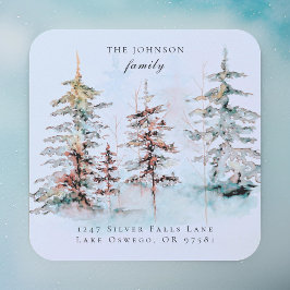 エレガントな水彩画のクリスマスツリーの返信先住所ラベル スクエアシール