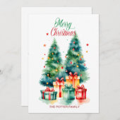 エレガントな水彩画のクリスマスツリー　ホリデーシーズン シーズンカード (正面/裏面)