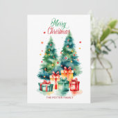 エレガントな水彩画のクリスマスツリー　ホリデーシーズン シーズンカード (スタンド正面)